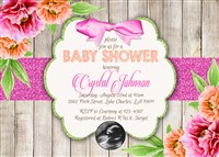 Rustic Peonies Flower Wood Baby Shower Invitations Sonogram Photo