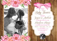 Printable Dark Wood and Peonies Rustic Baby Shower Invitations Couples Photo