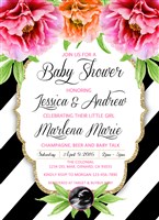 Black White Stripe Peony Flower Baby Shower Invitations Ultrasound Photo