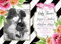 Printable Black Stripe & Pink Flower Baby Shower Invitations Couples Photo