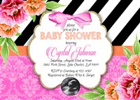 Bright Pink, Orange, Black Stripe, Peony Baby Shower Invitations