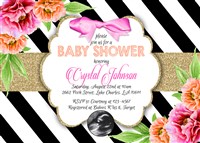 Printable Black White Stripe Pink Peony Flower Baby Shower Invitations