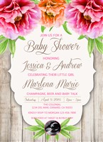 Printable Peony Flower and Wood Baby Girl Shower Invitations Ultrasound Photo