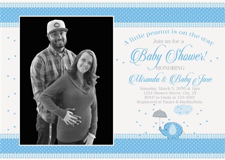 Blue Elephant Baby Shower Invitations with Couples Photo