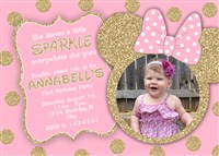 Pink Gold Glitter Minnie Mouse Birthday Invitations with Photos