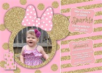Blush and Gold Glitter Minnie Mouse Birthday Invitations with Photo