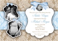 Burlap, Lace and Bow Boy Baby Shower Invitations with couples photo