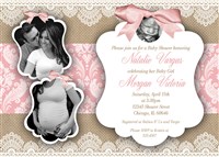 Vintage Lace and Bow Baby Girl Shower Invitations with couples photo