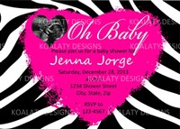 Zebra with Hot Pink Heart Baby Girl Shower Invitations